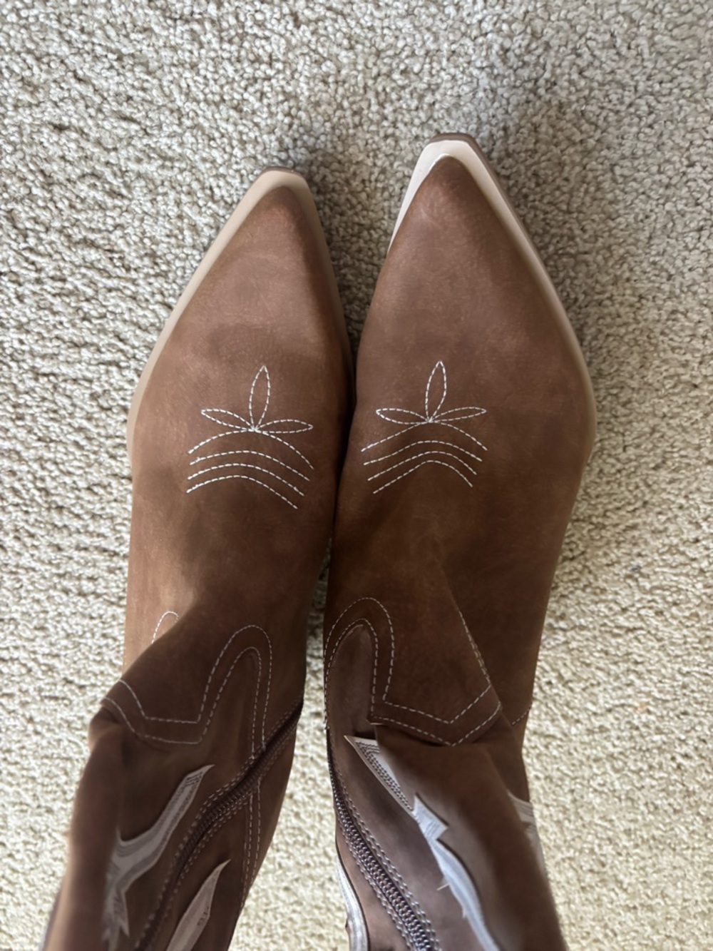Oasis Society Brown Suede Western Knee-High Boots with White Stitching - Picture 4 of 7